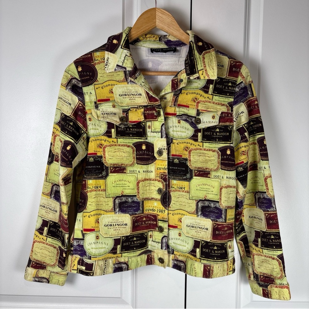 Vintage rare Randy Kemper Champagne Wine Label Print Denim Style Jacket Size 10